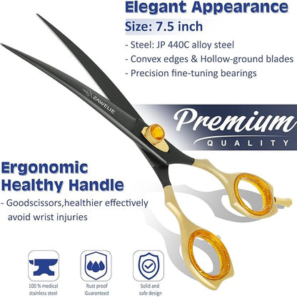 Dog Grooming Scissor- 7.5 Pet Shears, Japanese Stainless Steel Ergonomic Pet Grooming Scissor, Heavy Duty Sharp and Comfortable pet Scissors for Grooming, Dogs, Cats and Other Animals (Curved)