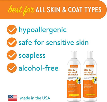 Aloe & Oatmeal Dog Shampoo and Conditioner Combo - Skin Safe Hydration, Emollient Rich, Moisturizing (Shampoo & Conditioner Set) - 2X 16oz Bottles w/Pina Colada Scent