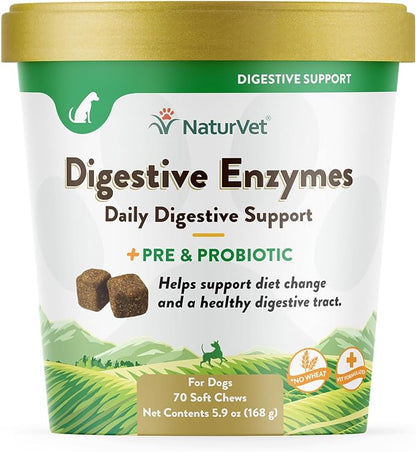 NaturVet  Digestive Enzymes - Plus Probiotics & Prebiotics  Helps Support Diet Change & A Healthy Digestive Tract  for Dogs (Soft Chews, 70 Count)