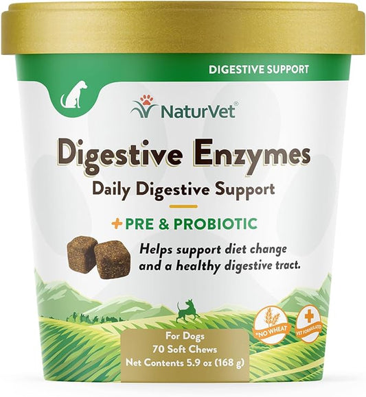 NaturVet  Digestive Enzymes - Plus Probiotics & Prebiotics  Helps Support Diet Change & A Healthy Digestive Tract  for Dogs (Soft Chews, 70 Count)