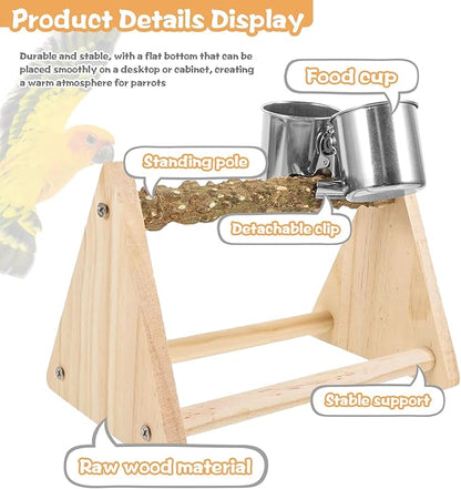 Parrot Play Wood Stand, Bird Perch Stand with Feeder Cups, Bird Grinding Perch Stands for Small Cockatiels, Conures, Parakeets, Finch