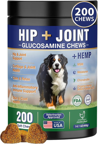 Hip and Joint Supplement for Dogs 200 Hemp Dog Calming Chews with Glucosamine, Chondroitin, Msm, Omega 3, Melatonin for Senior Dogs Anxiety, Dog Pain Relief Anti Inflammatory Small/Medium/Large Breed