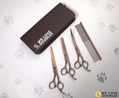 Dog Grooming Scissors Kit - Best Tools For Goldendoodles, Poodles & Doodles - Straight, Curved & Thinning Shears - Golden Doodle Grooming Kit - Professional Grade Steel, 4 Pc Set [We Love Doodles]