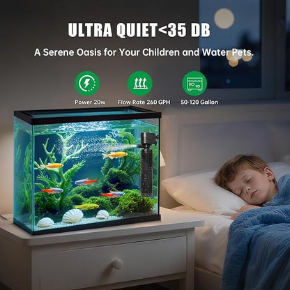 20W Submersible Aquarium Filter for 50–120 Gallon Fish Tanks, Quiet Operation Internal Pump, Energy Efficient, Easy to Install & Maintain, for Freshwater or Saltwater, Comes with Sponge Filter