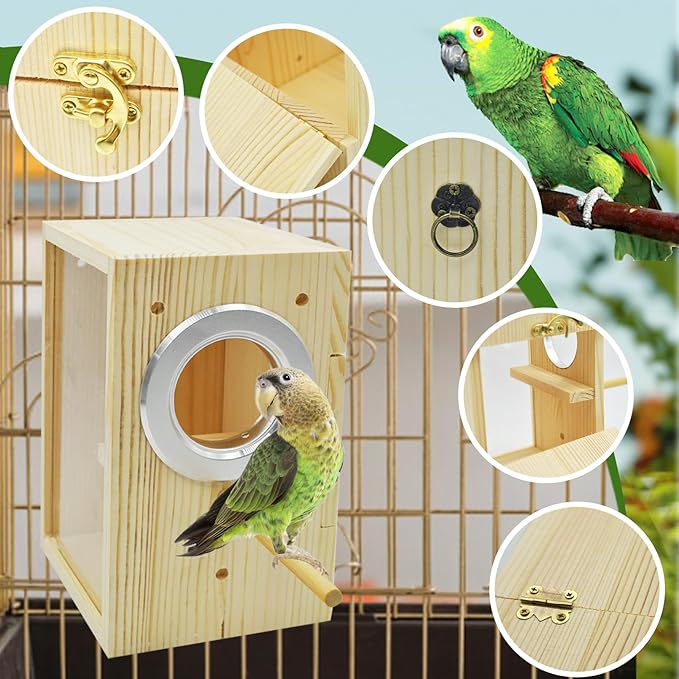Vertical Parakeet Nesting Box,Transparent Bird Nesting Box Natural Wood Parakeet House for Cage Clear Acrylic Budgie Breeding Nest for Lovebird,Cockatiel,Parrot,Budgie,Conure,Finch