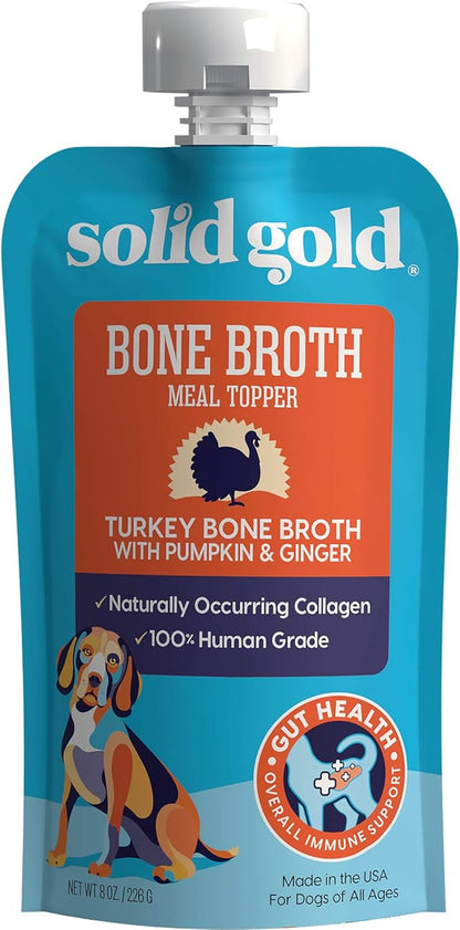 Solid Gold Turkey Bone Broth for Dogs - Grain Free Dog Food Topper Rich in Collagen and Superfoods - Nutrient Dense Dog Gravy Topper for Dry Food - Promotes Gut Health and Hydration - 12 Pack