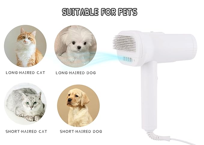 2-in-1 Dog Hair Dryer and Brush - Low Noise Operation, Overheating Protection, 3 Temperature & Airflow Settings, Self-Cleaning Button - Ideal Dog Brush for Short Haired Dogs (White)
