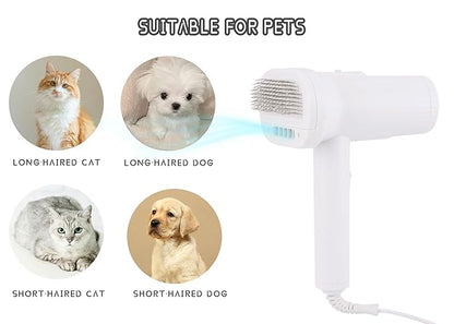 2-in-1 Dog Hair Dryer and Brush - Low Noise Operation, Overheating Protection, 3 Temperature & Airflow Settings, Self-Cleaning Button - Ideal Dog Brush for Short Haired Dogs (White)