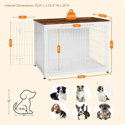 DWANTON Dog Crate Furniture with Cushion, Wooden Kennel Table with Double Doors, Indoor Dog House, Large Size, 38.5" L, White+Rustic Brown