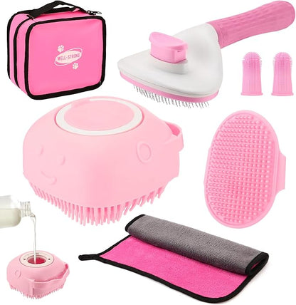7PCS Pet Grooming Bath Brush Set Dog Shampoo Brush Dog Shower Scrubber Self Cleaning Slicker Brush for Short-haired pet Wash Towel