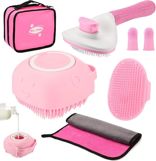 7PCS Pet Grooming Bath Brush Set Dog Shampoo Brush Dog Shower Scrubber Self Cleaning Slicker Brush for Short-haired pet Wash Towel