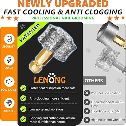 LENONG Diamond Dog Nail Grinder Heads with 7-Grooves, Anti-Clogging & Fast Cooling Pet Nail Grinder Bits for Pet Claw Care with Steel Brush for Casfuy and Most Brands (2pcs 60#)