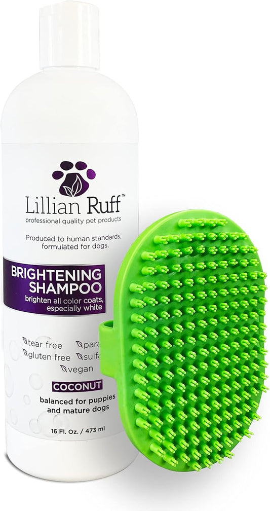 Lillian Ruff Ultra-Brightening Professional Whitening Shampoo for Dogs with Aloe & Coconut Oil for Dry Skin & Itch Relief - pH-Balanced Dog Whitening Shampoo Remove Stains Yellowing Odor (16oz/Brush)