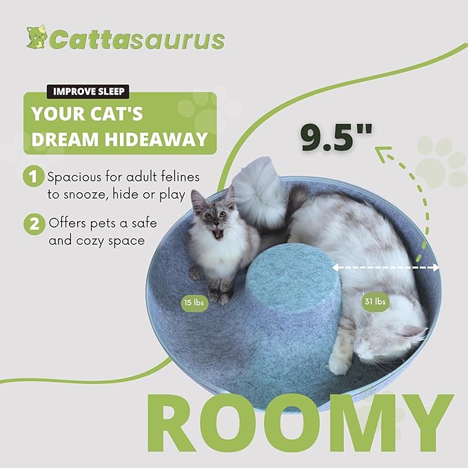 Cattasaurus Peekaboo Cat Cave, Extra Spacious for Multiple & Large Cats 12+ lbs, Scratch Detachable Beds for Indoor Cats, Washable Tunnel Bed, Comfy Cat Donut Tunnel (Light Gray+Light Gray, Jumbo)