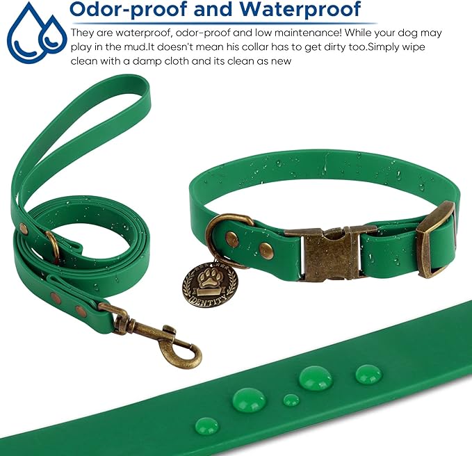 Wisedog Dog Collar and Leash Set, Waterproof Adjustable Puppy Collars with Cute Tag 6FT Dog Leash with Poop Bag for Small Medium Large Dogs (S, Deep Green)