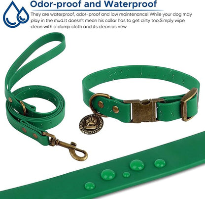 Wisedog Dog Collar and Leash Set, Waterproof Adjustable Puppy Collars with Cute Tag 6FT Dog Leash with Poop Bag for Small Medium Large Dogs (S, Deep Green)