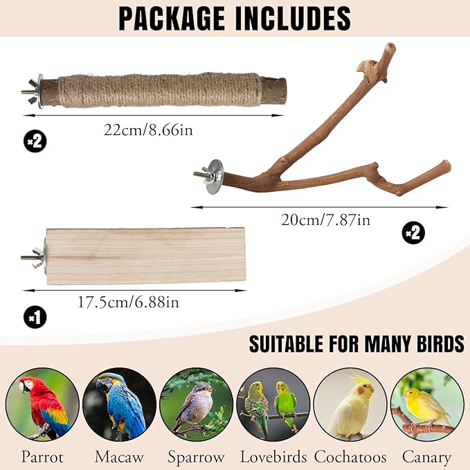 REHALY Large Bird Perch Stand, 5PCS Bird Perch Set - Natural Wood Grape Sticks, Paw Grinding Forks, Stand & Toys for Parakeets, Cockatiels, Conure, Budgies, Birds Cage Accessories