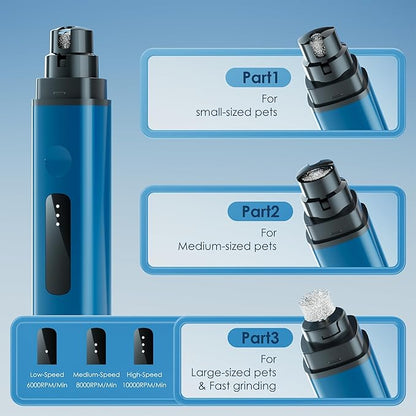 Dog Nail Grinder Professional 3-Speed Electric & IP67 Waterproof Upgraded,Smoothing for Small Medium Large Dogs & Cats Pet Nail Trimmer Painless Paws Grooming