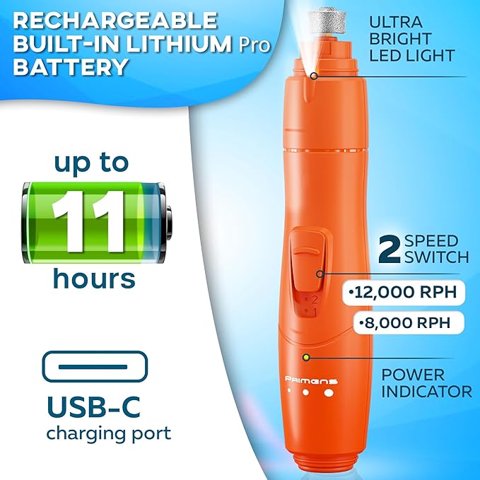 Low Vibration Dog Nail Grinder with LED Light, Rechargeable Dog Nail Trimmers for Large Dogs, Medium & Small Dogs, Professional 2-Speed Pet Nail Grinder for Dogs