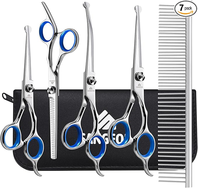 Dog Grooming Scissors, 6-in-1 Professional Dog Grooming Kit, 4CR Stainless Steel Dog Scissors for Grooming, Heavy Duty Grooming Scissors with Safety Round Tips, Pet Grooming Kit for Dogs at Home