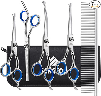 Dog Grooming Scissors, 6-in-1 Professional Dog Grooming Kit, 4CR Stainless Steel Dog Scissors for Grooming, Heavy Duty Grooming Scissors with Safety Round Tips, Pet Grooming Kit for Dogs at Home