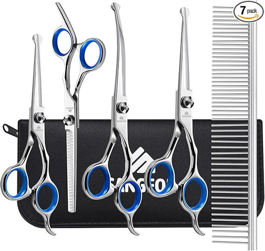 Dog Grooming Scissors, 6-in-1 Professional Dog Grooming Kit, 4CR Stainless Steel Dog Scissors for Grooming, Heavy Duty Grooming Scissors with Safety Round Tips, Pet Grooming Kit for Dogs at Home