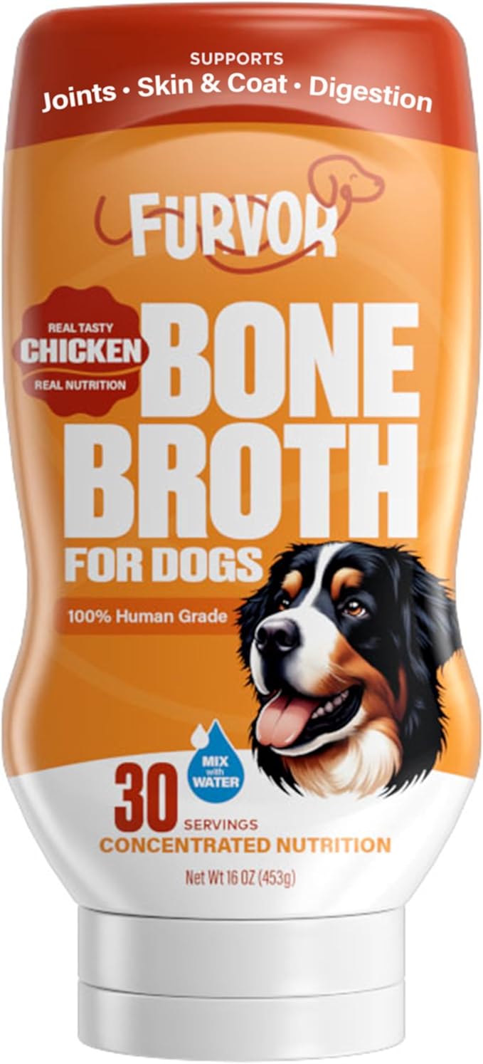 Chicken Bone Broth for Dogs - Collagen Protein Supplement for Digestion, Mobility, Coat, Immunity, Healthy Dog Food Topper, Human Grade Meal Boost Gravy, Just Add Water, Made in USA, 16 oz