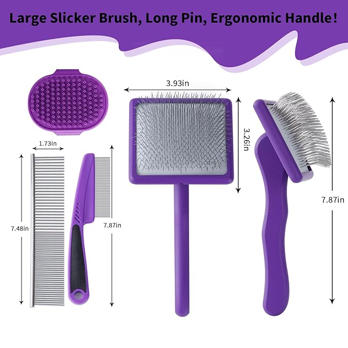 Dog Slicker Brush for Long Haired Dogs Doodle Brush for Dogs Large Dog Slicker Brush for Goldendoodles with Ergonomic Solid Wooden Handle Long Pin Grooming Brush for Dogs (Purple)