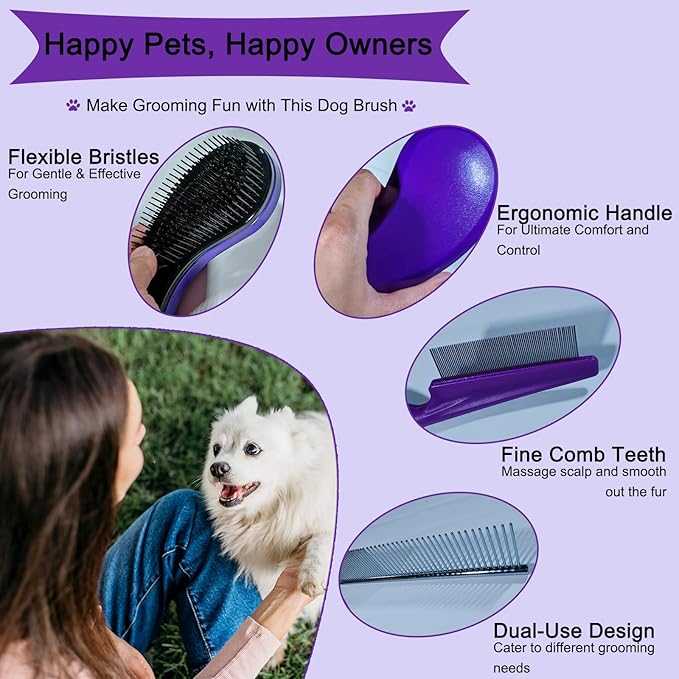 3 PCS Puppy Brush Grooming Kit, Stainless Steel Flea Comb, Fit for Yorkie, Shih Tzu, Maltipoo, Soft Bristle (Dark Purple)