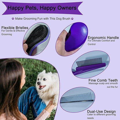 3 PCS Puppy Brush Grooming Kit, Stainless Steel Flea Comb, Fit for Yorkie, Shih Tzu, Maltipoo, Soft Bristle (Dark Purple)