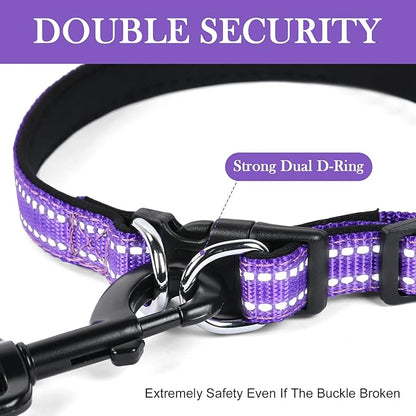 AUAUY Reflective Nylon Dog Collars, Adjustable Classic Pet Collars with Soft Neoprene Padding, Double Security Dual D-Ring and Quick Release Buckle for Small Puppy, Medium and Large Dogs (Purple-S)
