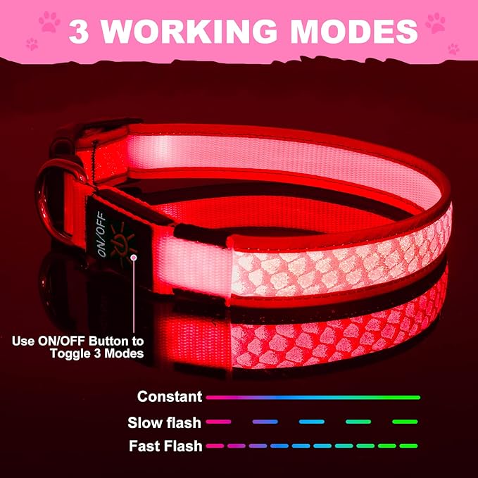 Light Up Dog Collars for Small Dogs, USB Rechargeable Flashing Dog Collar, Led Dog Collar with Reflective Edging - Glow in The Dark Lighted Collar - Dog Glow Collar for Night Walking - Pink, S