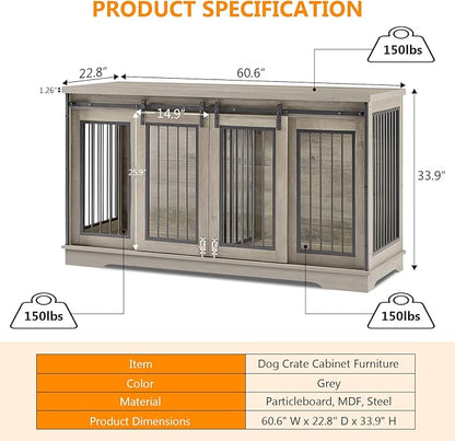 60.6 Inch Double Dog Crate Furniture, 2-in-1 Dog Kennel Furniture with 2 Sliding Doors and Thick Iron, Wooden Large Dog Crate with Divider for 2 Dogs