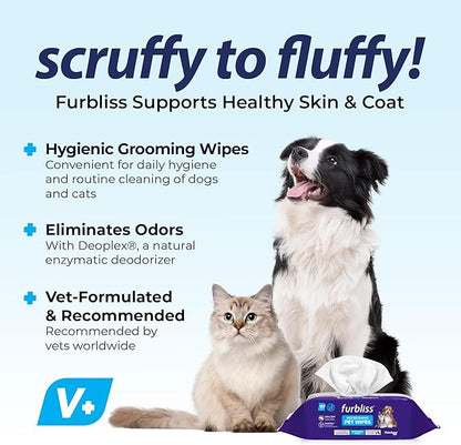 Vetnique Furbliss Hygienic Pet Wipes for Dogs & Cats, Cleansing Grooming & Deodorizing Hypoallergenic Thick Wipes with All Natural Deoplex Deodorizer (Refreshing Scent, 100ct Pouch)