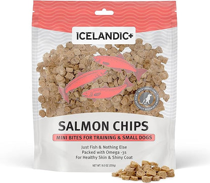 Icelandic+ Mini Fish Chips: Salmon 9oz - Dog Treats, for Training & Small Dogs, 2 Ingredient Air-Dried Crunchy Chips