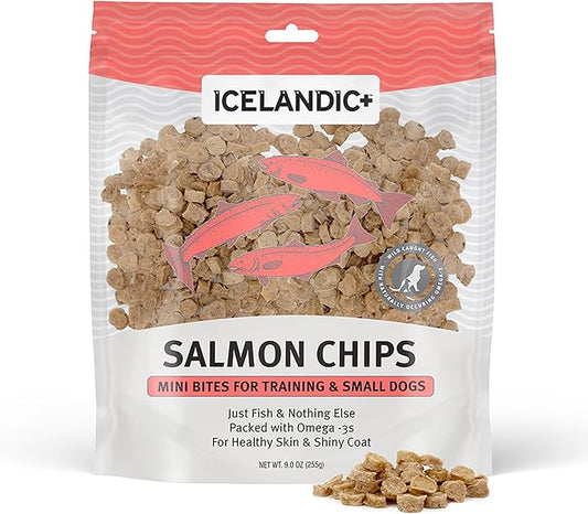 Icelandic+ Mini Fish Chips: Salmon 9oz - Dog Treats, for Training & Small Dogs, 2 Ingredient Air-Dried Crunchy Chips