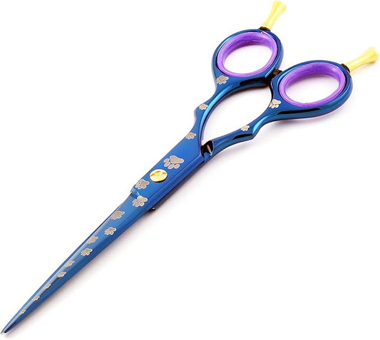 6.5" Professoinal Pet Grooming Scissors Double Finger Rest, Blue Titanium Coating, Dog Paws Laser Engraved