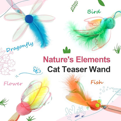 SONGWAY Cat Rainbow Wand Toy - Rainbow Cat Feather Toys with Bells, Colorful Mesh Teaser Wand with Feather Tail, Interactive Toys for Indoor Cats Kittens, Mixed Colors