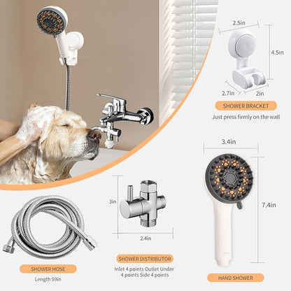 Dog Shower Brush with Massage Function & High Pressure Hose (6.6ft), Handheld Pet Bath Sprayer, No Drill Wall-Mount Holder, 3 Spray Modes for Tough Stain Removal & Grooming