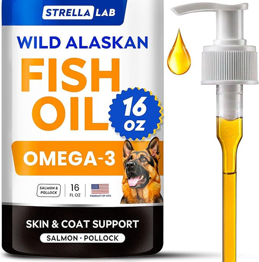 STRELLALAB Fish Oil for Dogs & Cats - Natural Omega-3 - Skin & Coat Support - Liquid Food Supplement for Pets - Natural EPA + DHA Fatty Acids for Joint Function, Immune & Heart Health 16oz - Pollock