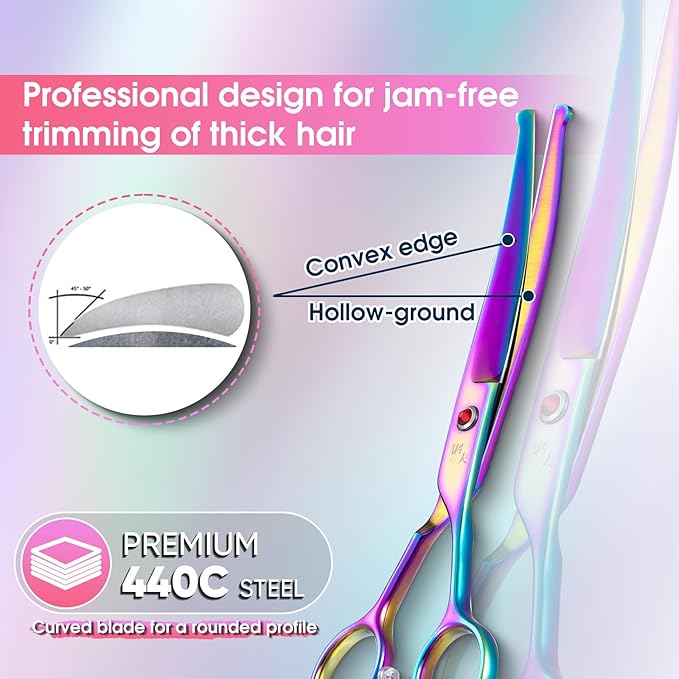 7" Multicolour Dog Grooming Kit - Premium Japanese 440C Stainless Steel Straight Scissors, Thinning Shears, Curved Scissors, Chunker Shears with Steel Comb