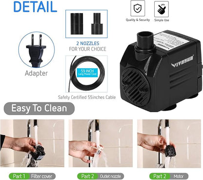 VIVOSUN 120GPH Submersible Pump(450L/H, 6W), Ultra Quiet Water Pump with 3.1ft High Lift, Fountain Pump with 5ft Power Cord, 2 Nozzles for Fish Tank, Aquarium, Statuary, Hydroponics