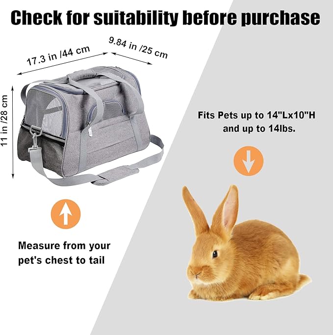 kathson Rabbit Travel Carrier Bag Airline Approved Pet Pocket Breathable Mesh Window Portable Hand Bag with Locking Safety Zippers for Small Dogs Cats Bunnies and Small Animals (Grey)