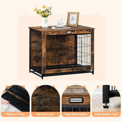 HOOBRO Dog Crate Furniture, 32.5" Medium Dog Kennel Indoor, Wooden Cage with Pull-Out Tray, Double Doors Pet House Side End Table for Medium/Small Dogs, Rustic Brown BF802GW03G1