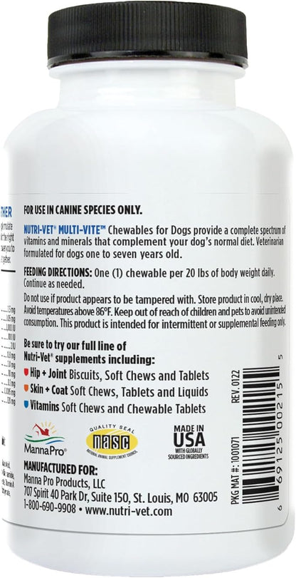 Nutri-Vet Multi-Vite Chewables for Adult Dogs, Daily Dog Vitamins & Minerals, Supports Balanced Diet, Pet Multivitamin, Supports Joint, Immune, and Cardiovascular Health in Canines, 60 Count