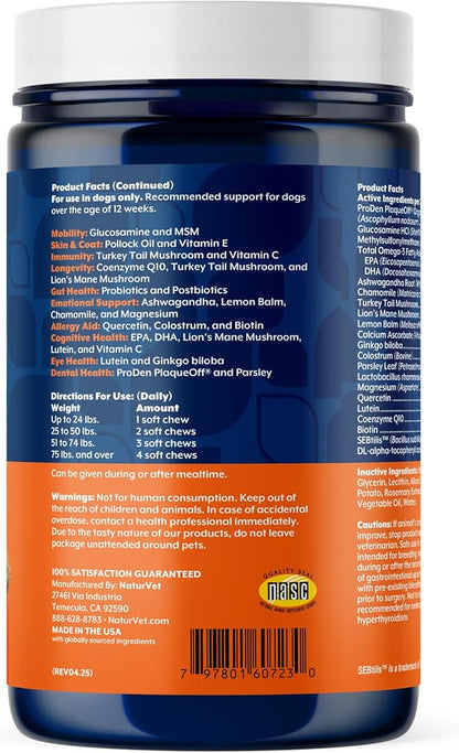 NaturVet All-in-One Adult Dog Daily Care, 10-in-1 Supplement Dog Soft Chews for Mobility, Skin, Digestion, Teeth, Cognition, Eyes, Hickory Smoked Bacon Flavored Pet Supplement for Dogs, 60 Count