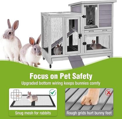 GUTINNEEN 2-Story Rabbit Hutch Indoor with Chew-Proof Ramp & Slide-Out Plastic Trays - Wooden Small Animal Cage Guinea Pig Cages with Wheels for 2-4 Rabbits, Bunnies, and Guinea Pigs (Grey)