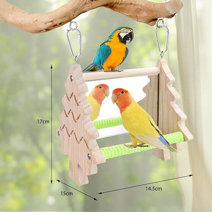 Small Bird Mirror Parrot Swing,Bird Stand Perch Toy,Double Sided Mirror Swing with Chew Flower Perch Safe Parakeet Budgie Cockatiel Cage Accessories for Biting Anxiety.