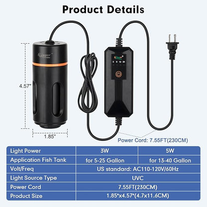 hygger Aquarium U-V Light with Timer, 360° Protective Shield Clean Light for Green Water and Algae Clean, Mini Algae Control Lamp for Freshwater and Saltwater Tank (3W for 5-25 Gallon)