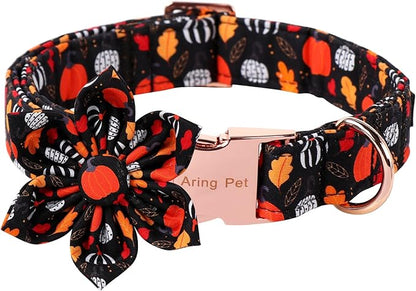 ARING PET Halloween Dog Collar-Cotton Black Pumpkin Dog Collar with Flower, Adjustable Fall Leaves Dog Collars Pet Necklace with Metal Buckle for Girl&Boy Dogs